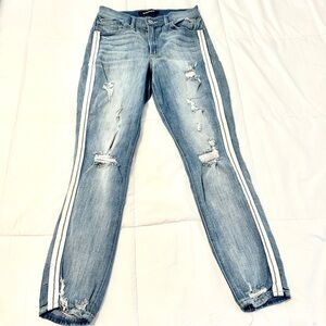 Express Women’s Light Blue Distressed Skinny Jeans with White Side Stripes • 6R